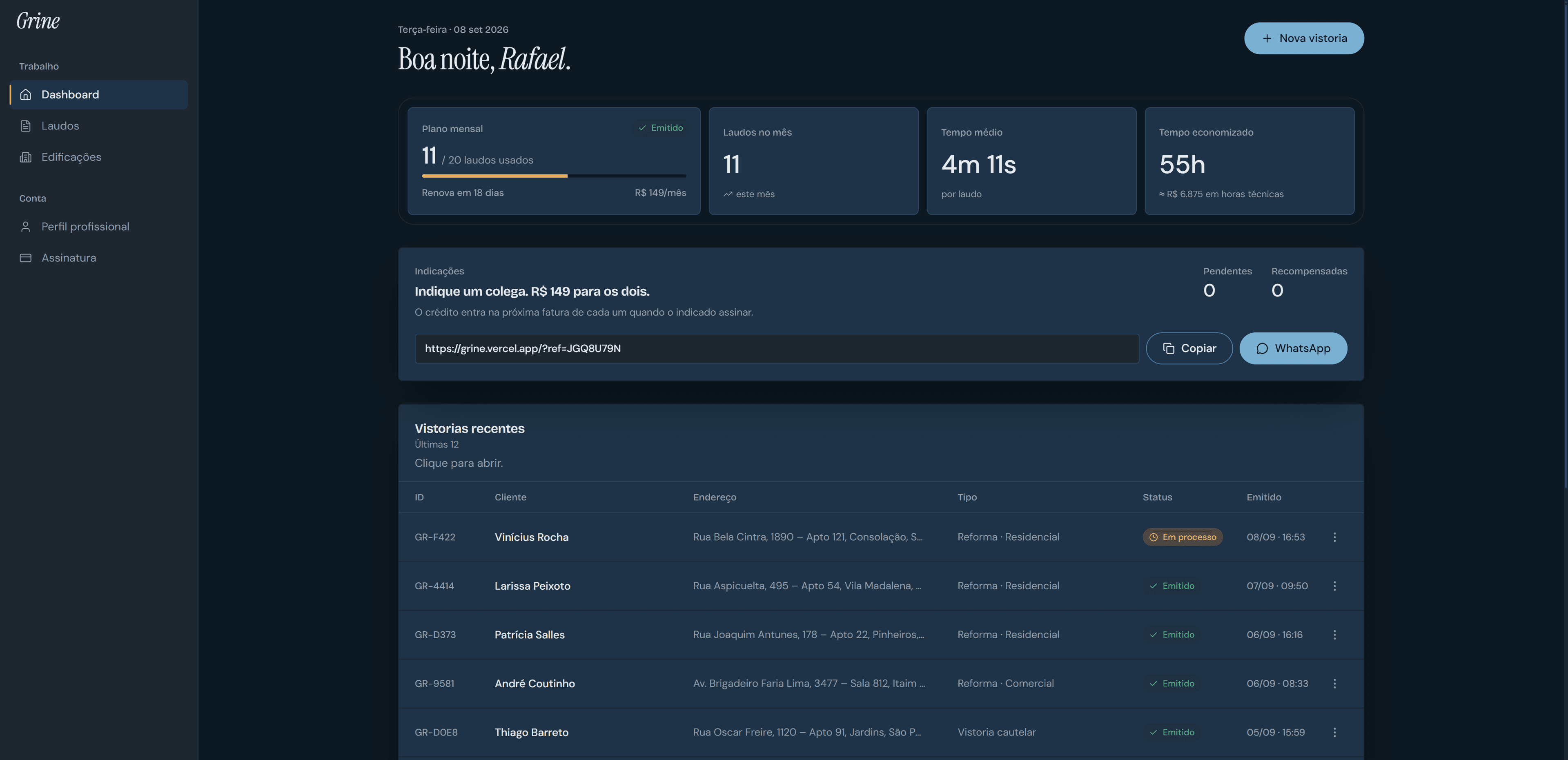 Dashboard do Grine: plano mensal com 11 de 20 laudos usados, tempo médio de geração de 4m 11s, 55h economizadas no mês, e a tabela de vistorias recentes com status Emitido/Em processo.